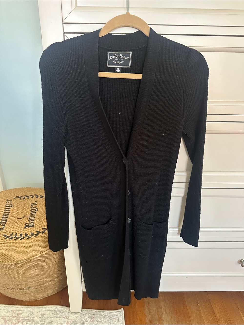 Lucky Brand Black Long Ribbed Button Cardigan